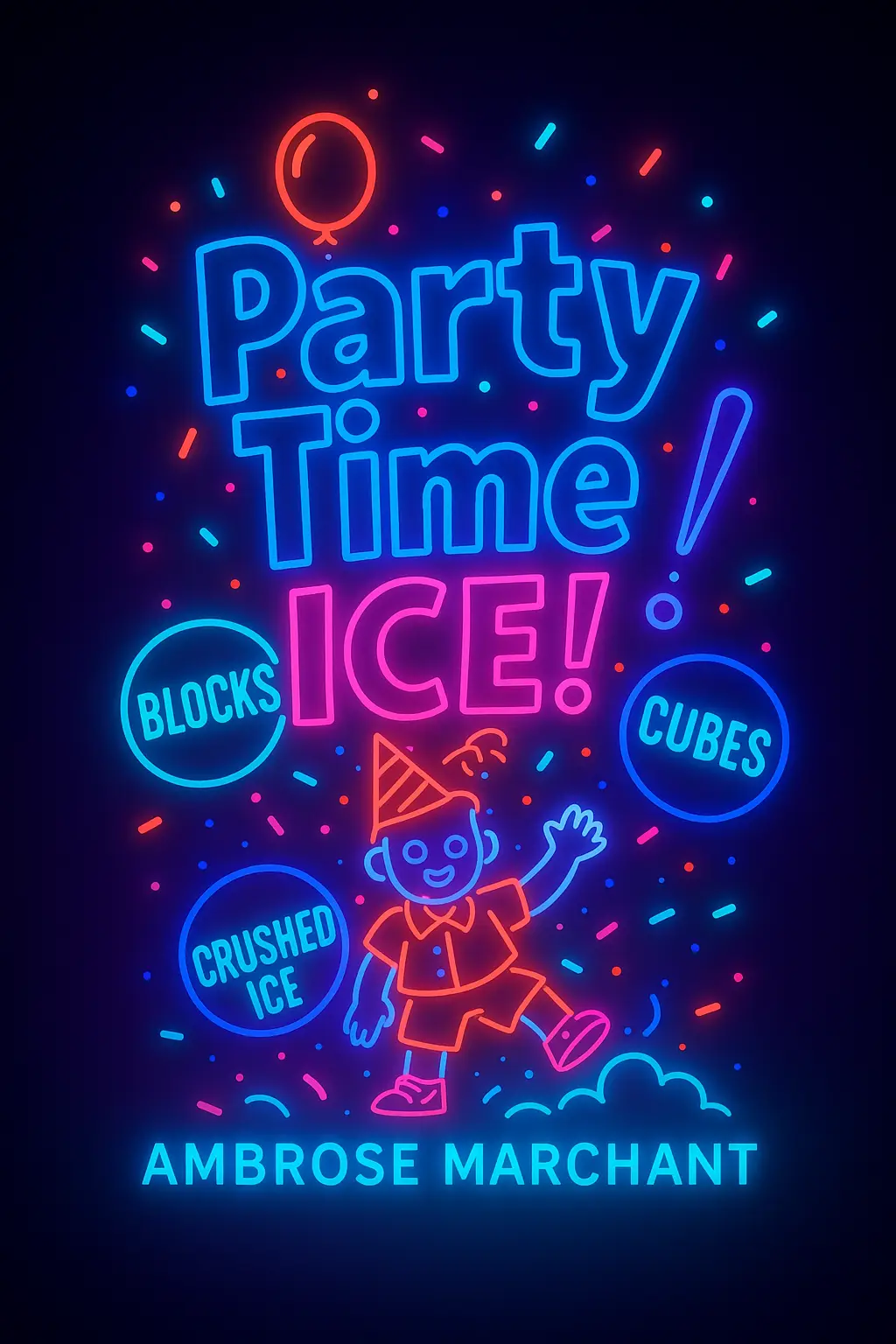 Party Time Ice neon logo with ice cubes and glowing icons – Los Angeles dry ice supplier graphic