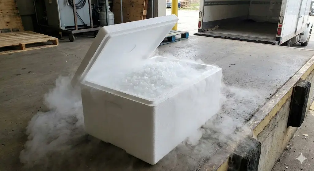 Dry ice pellets inside an insulated cooler at a Los Angeles loading dock during commercial dry ice delivery
