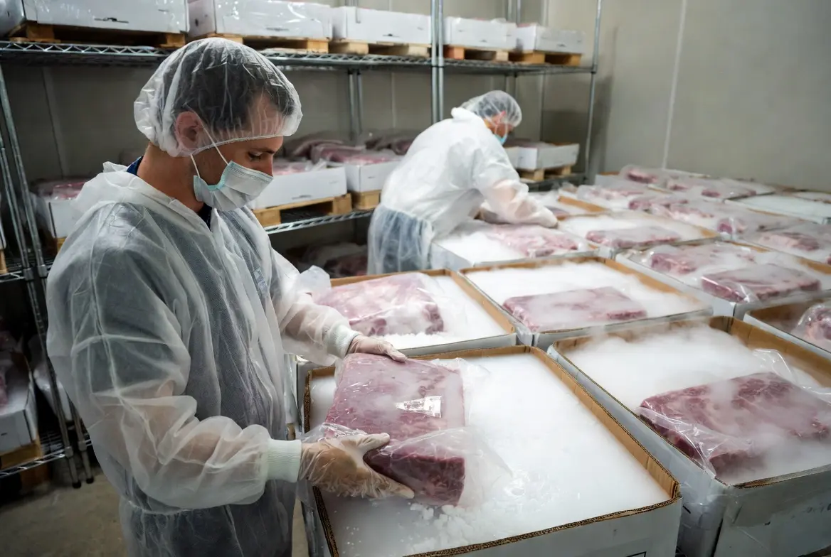 Workers packing vacuum-sealed meat with dry ice for cold-chain shipping