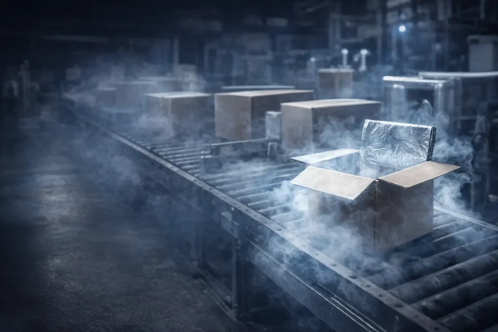 Dry ice vapor surrounding insulated shipping boxes in a cold-chain fulfillment facility