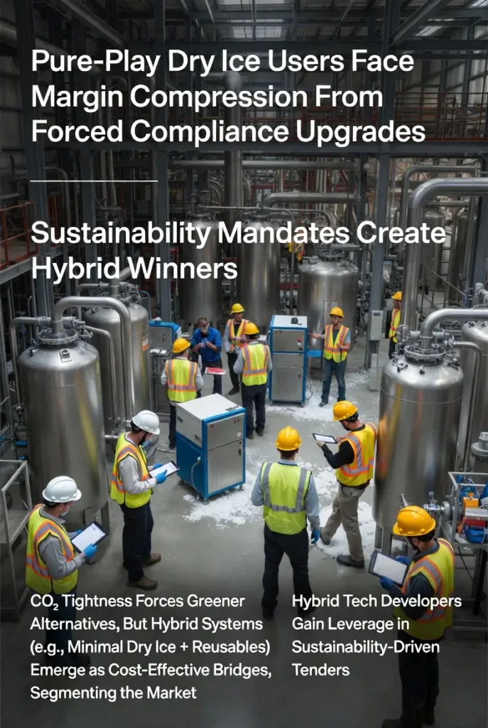 Industrial workers inspecting dry ice and CO₂ processing equipment inside a compliance-focused production facility